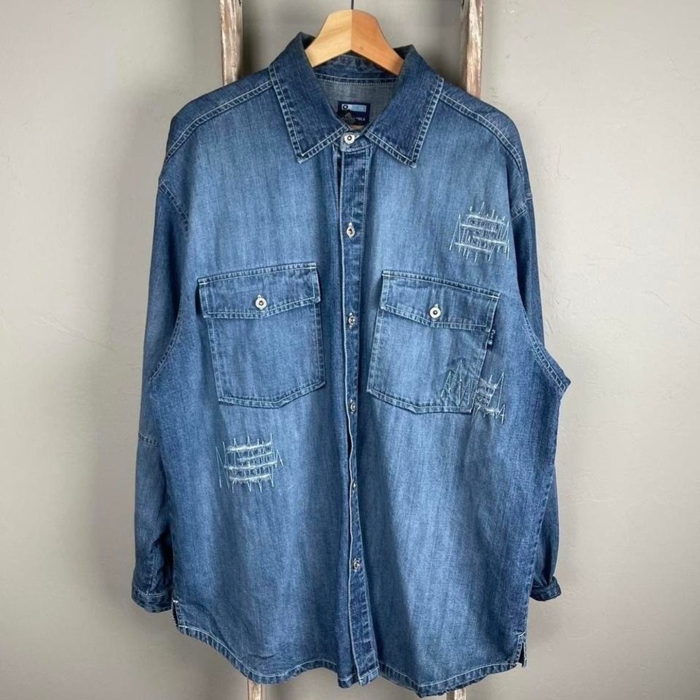 Vintage Y2K Southpole Patchwork Repaired Denim Button Longsleeve Shirt XL